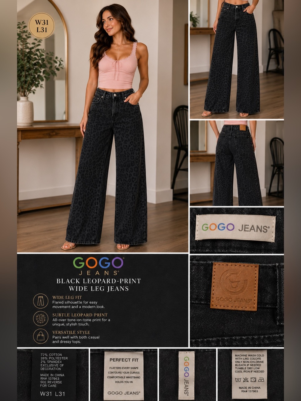 GOGO Black Leopard-Print Wide Leg Jeans W31 L 31 NEW
